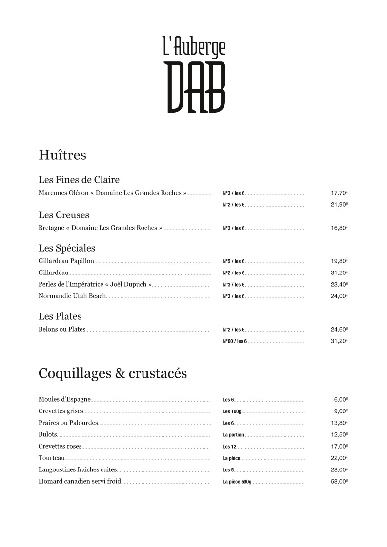 L'Auberge Dab menu 1