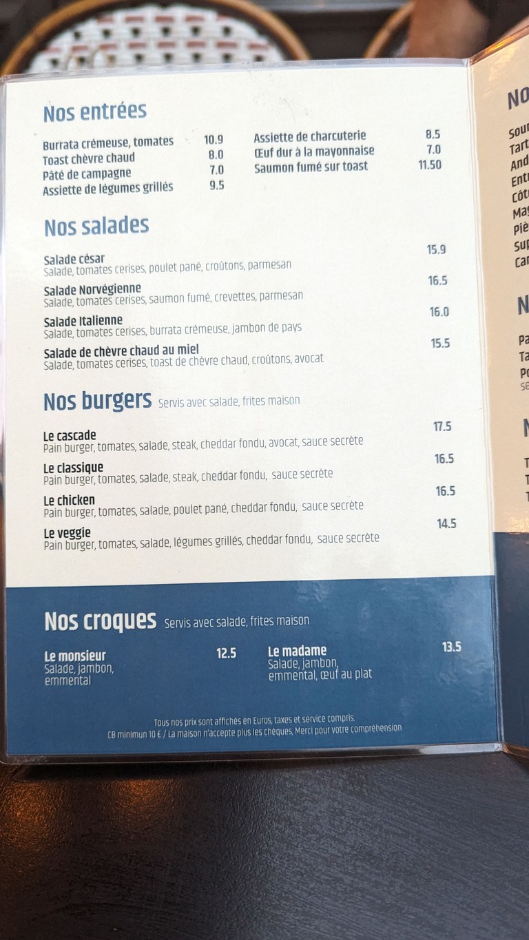 La Cascade menu 1