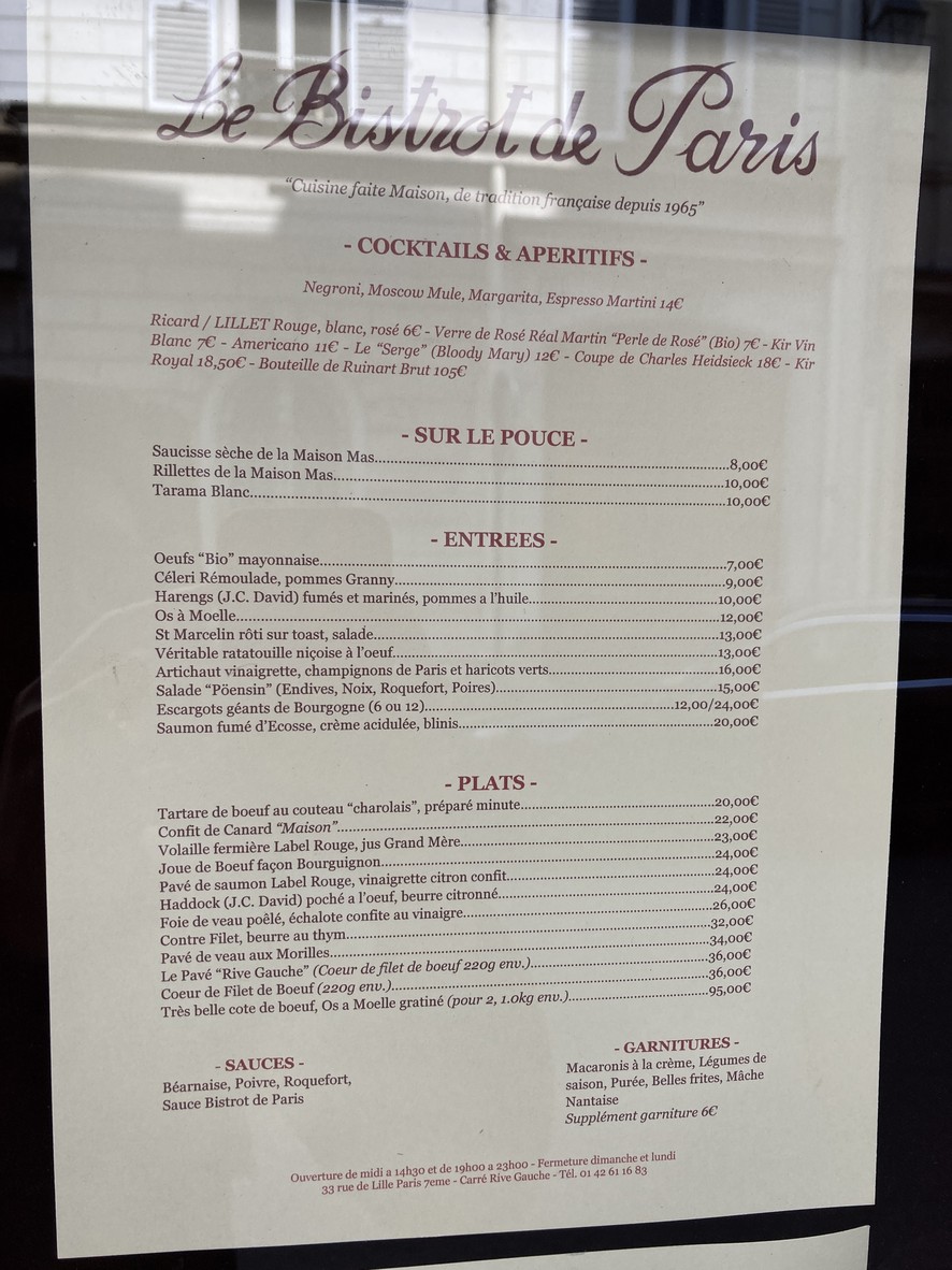 Le Bistrot de Paris menu 1