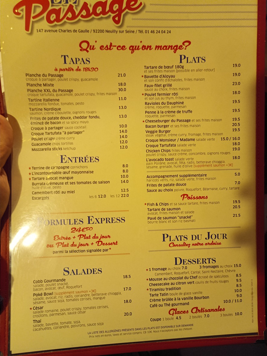 Le Passage menu 1