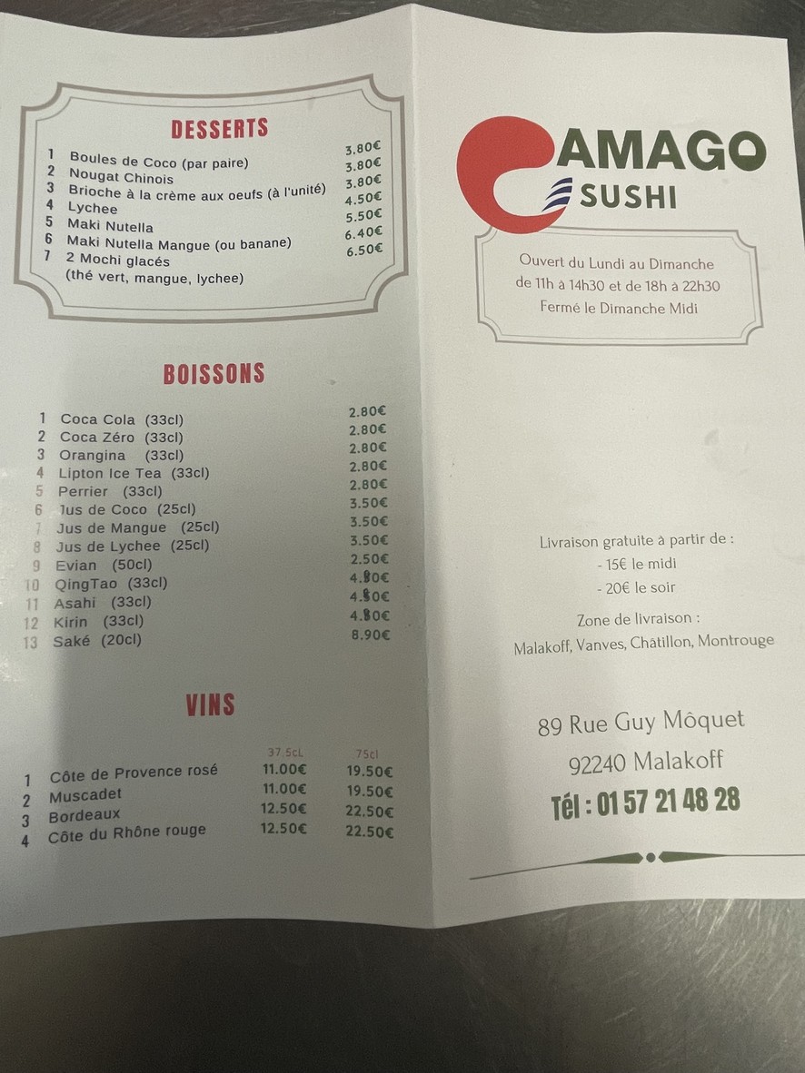 Amago Sushi menu 1