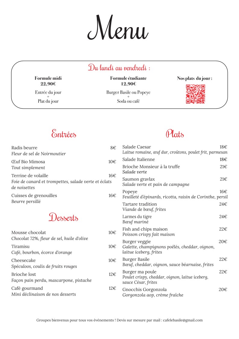 Le Basile menu 1