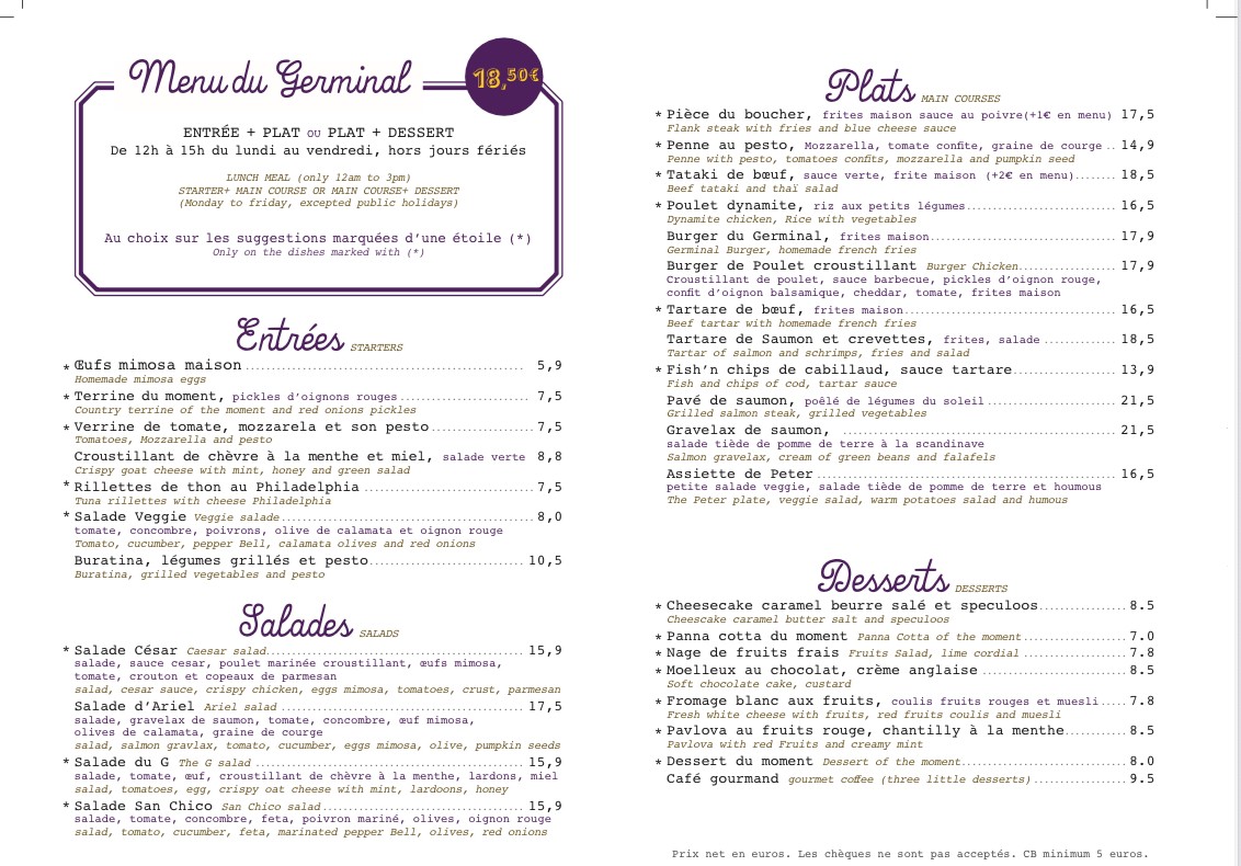 Le Germinal POINT G menu 1
