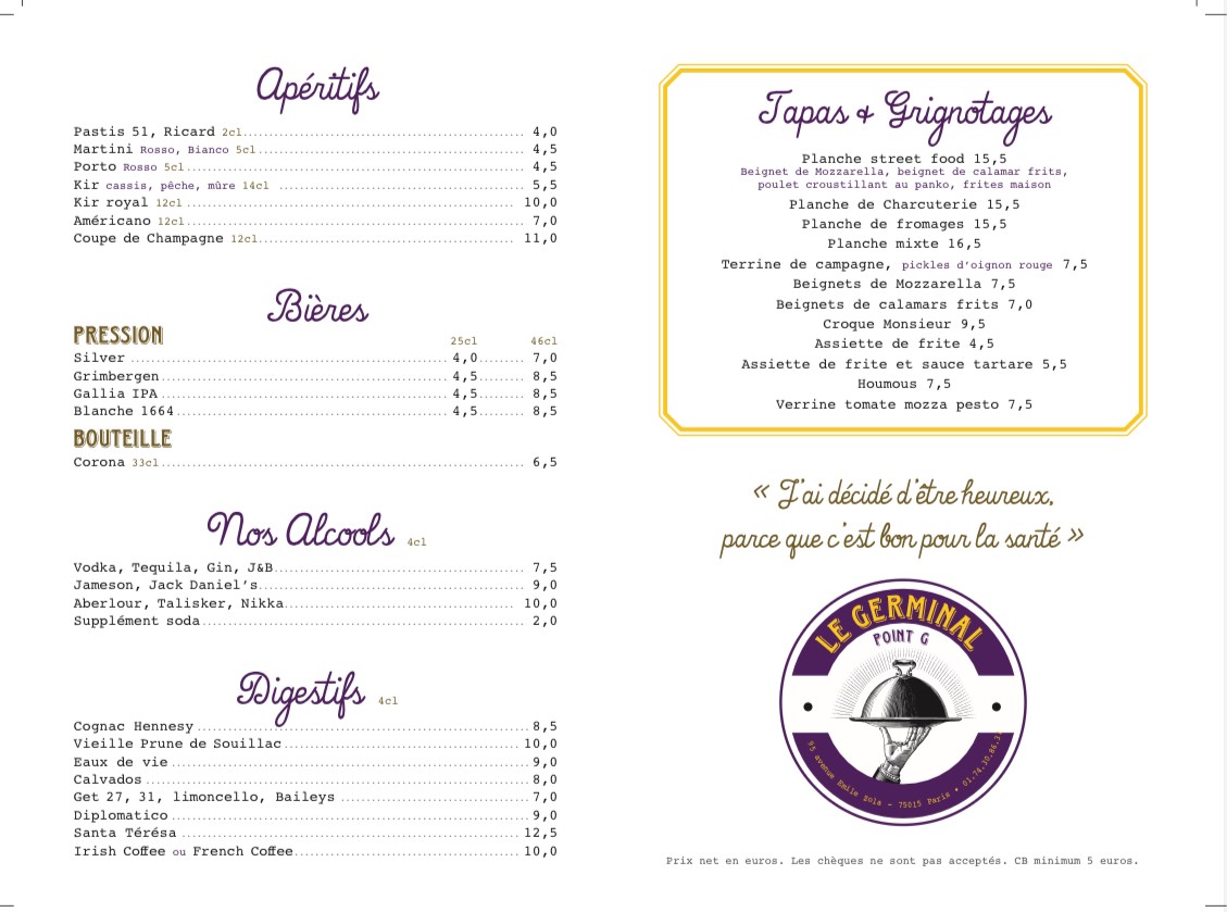 Le Germinal POINT G menu 2
