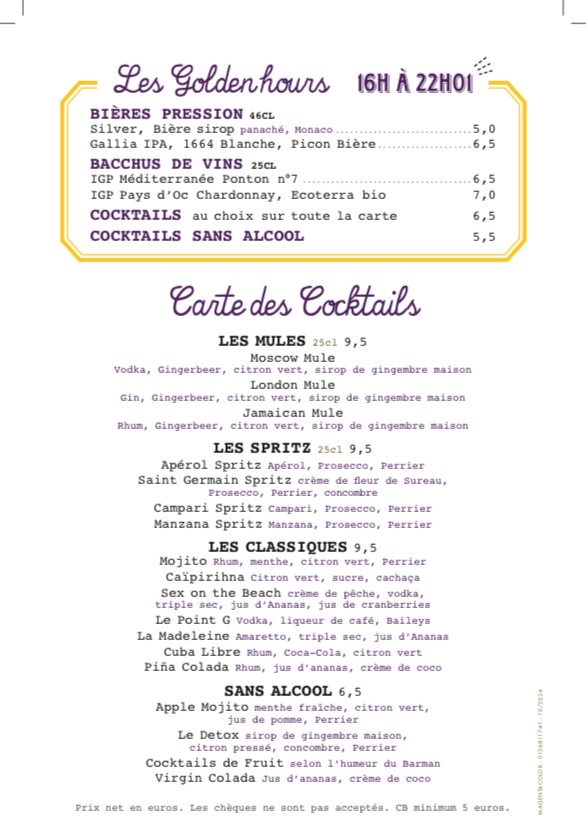 Le Germinal POINT G menu 3