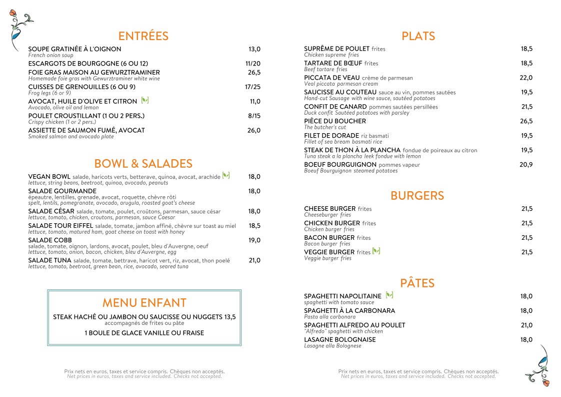 BISTROT DE LA TOUR EIFFEL menu 1