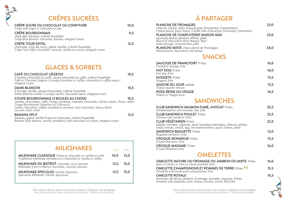 BISTROT DE LA TOUR EIFFEL menu 2
