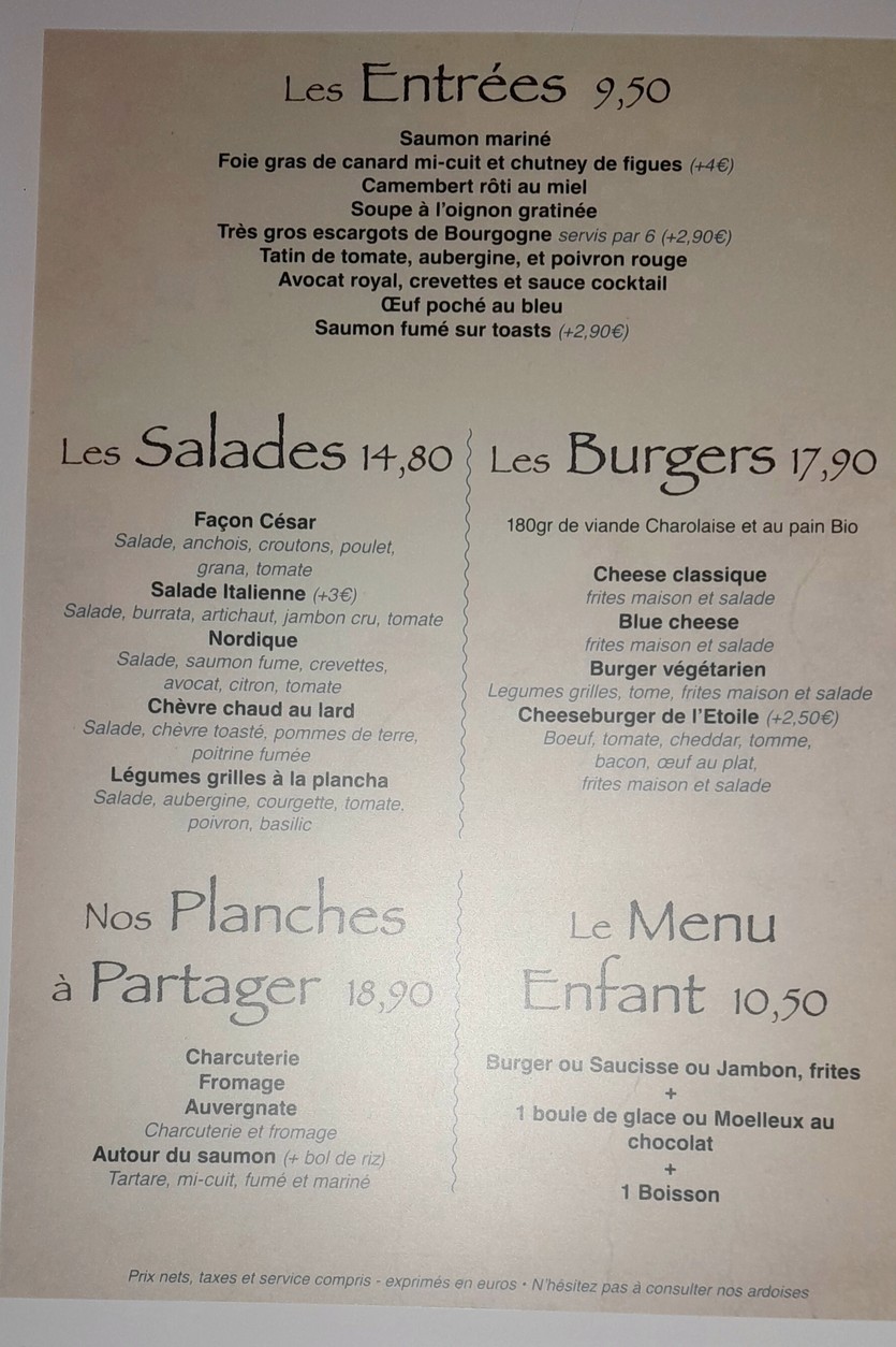 La Nouvelle Etoile menu 1
