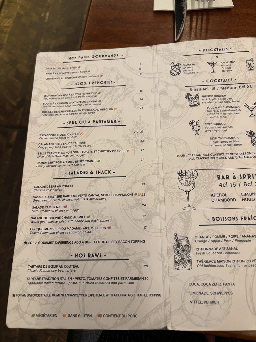 Les Amours en París menu 1