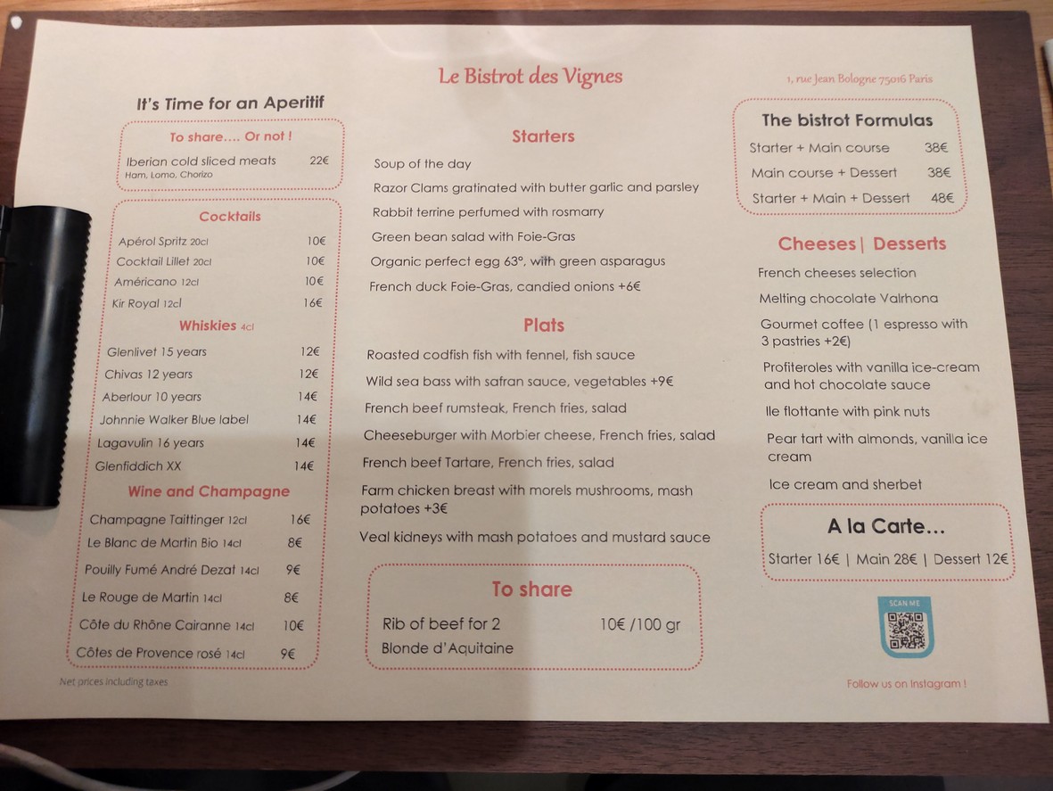 Le Bistrot des Vignes menu 1