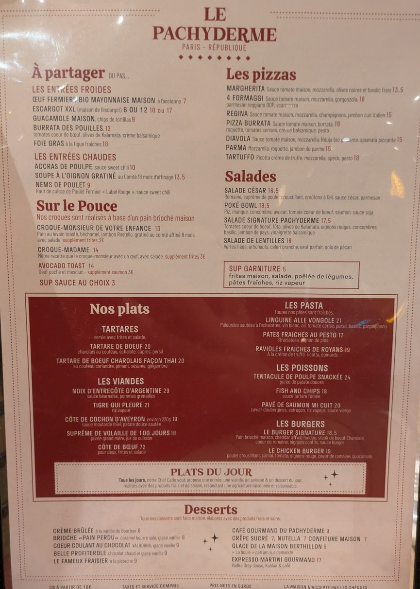 Le Pachyderme menu 1