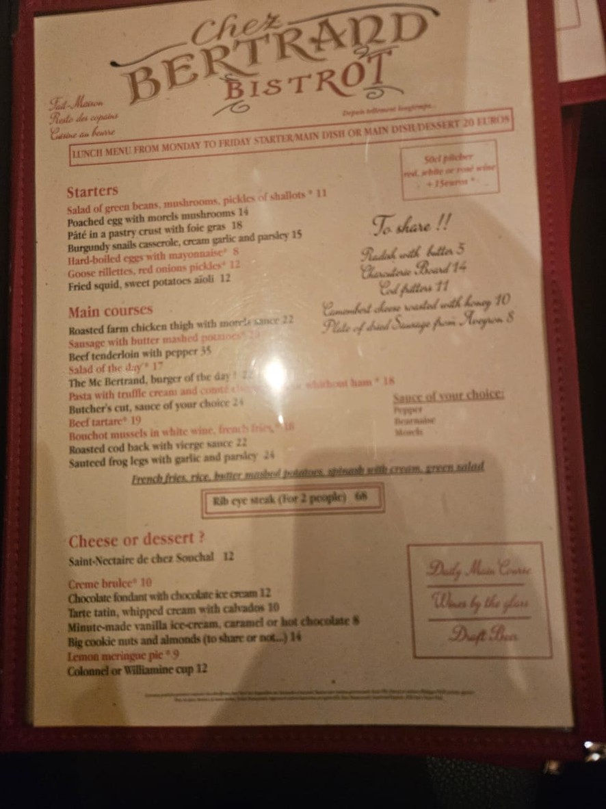 Chez Bertrand Bistrot menu 1
