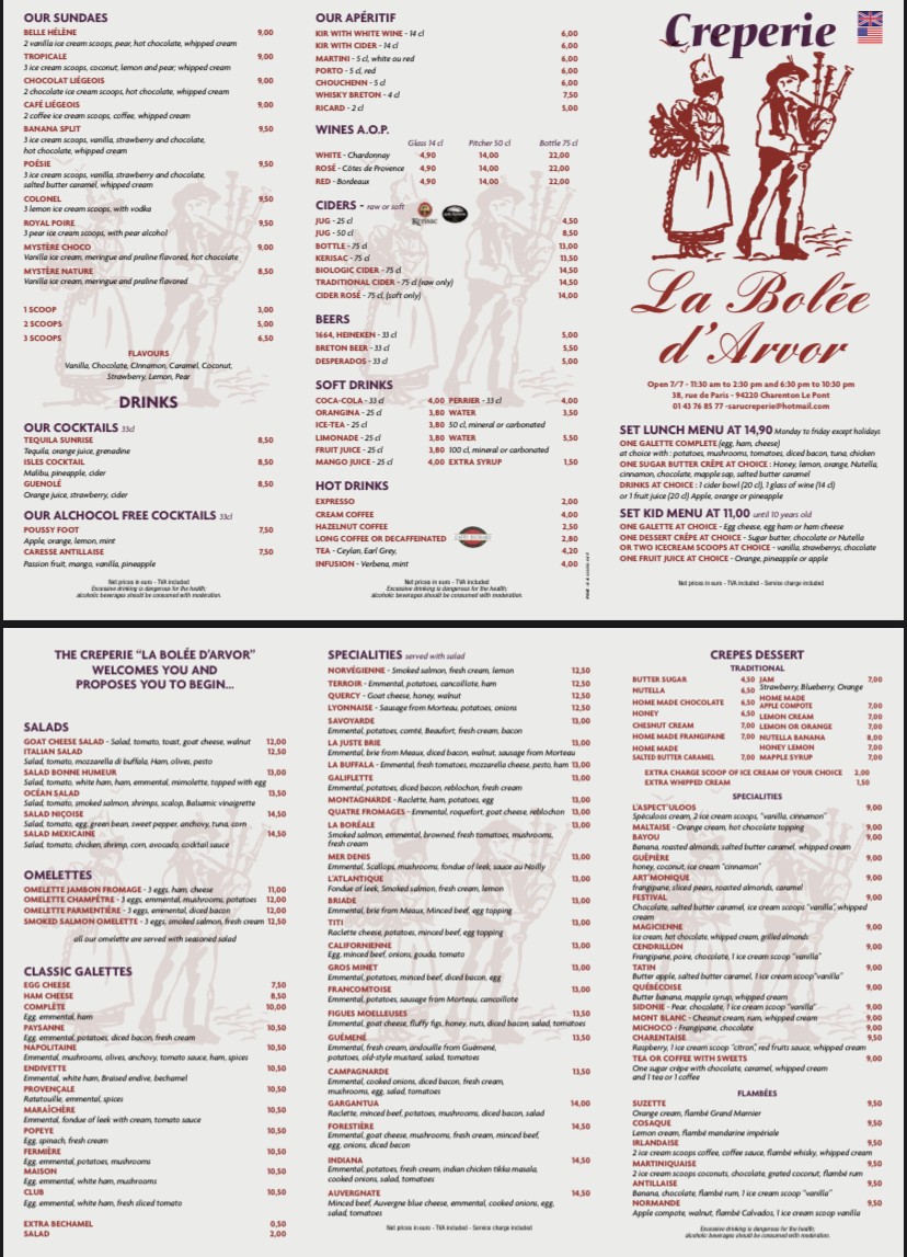La Bolée D'Arvor menu 1