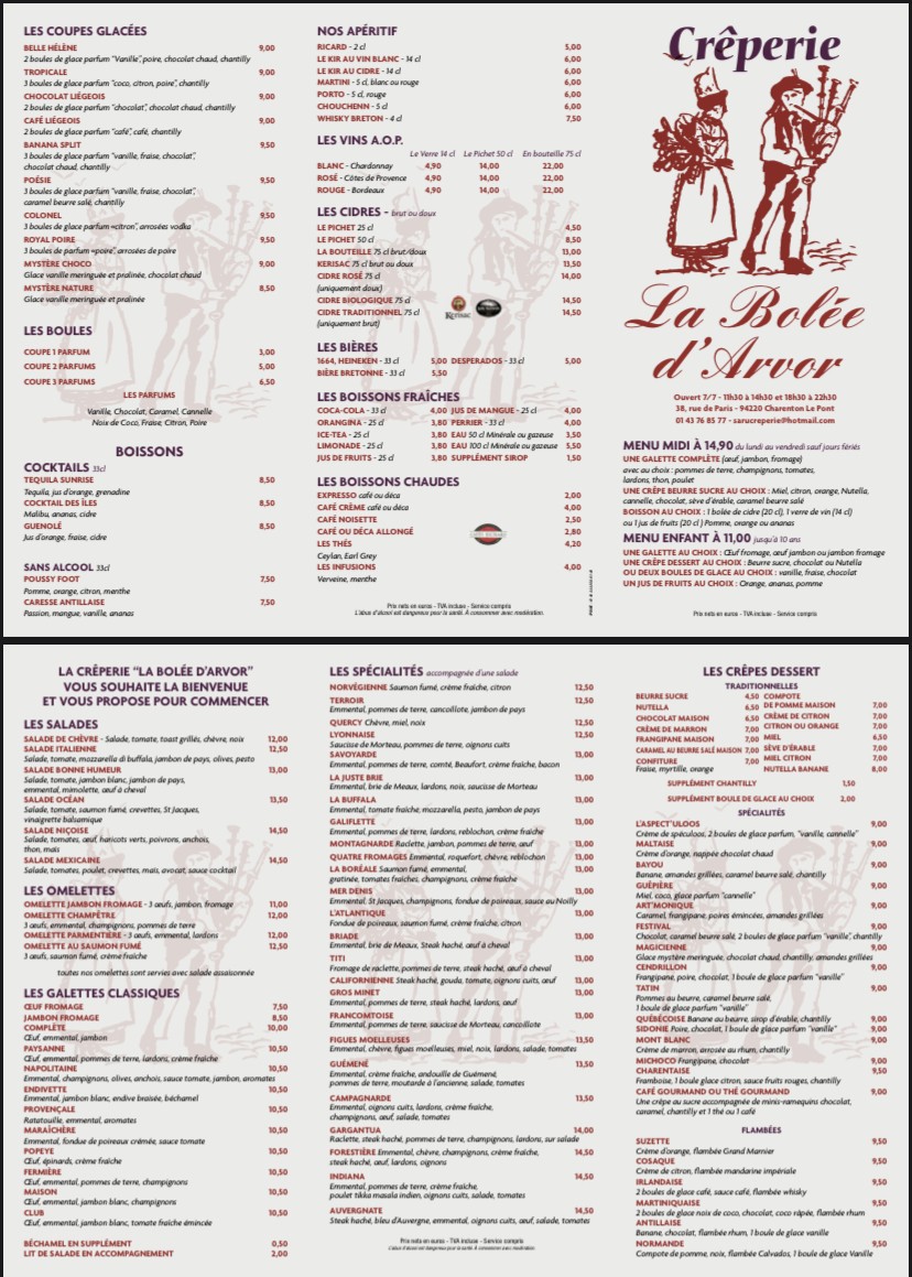 La Bolée D'Arvor menu 2