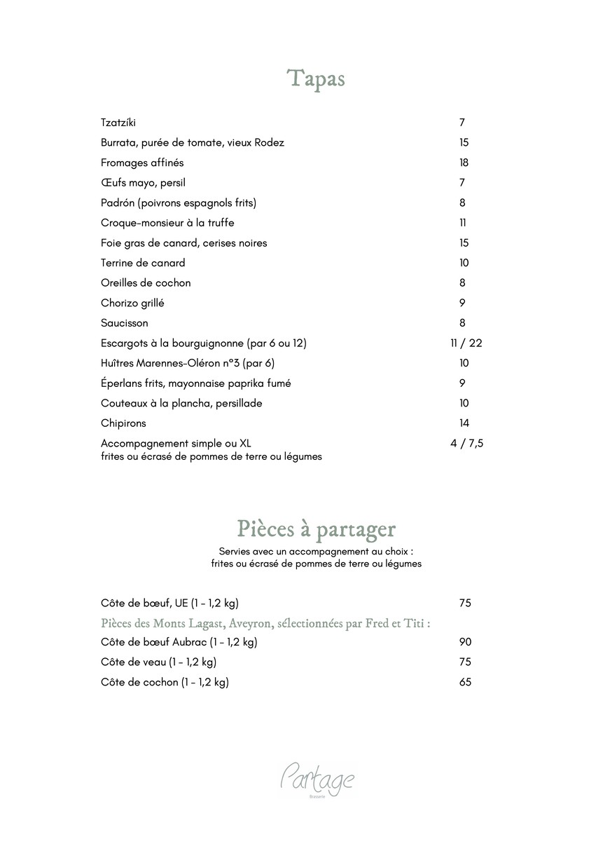 Brasserie Partage menu 1