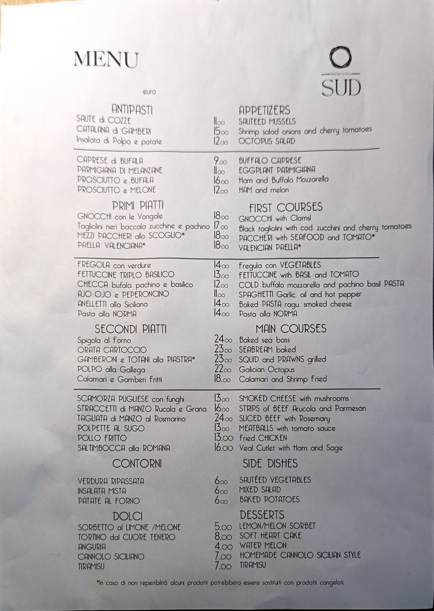 SUD Vino & Cucina menu 1
