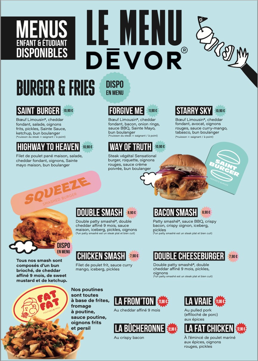 DĒVOR - Garibaldi (Saint Burger - Fat Fat - Squeeze - Green & Wild - Fire Chicken) menu 1