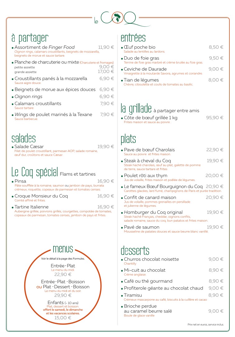 Le Coq - Brasserie & Bar des sports menu 1