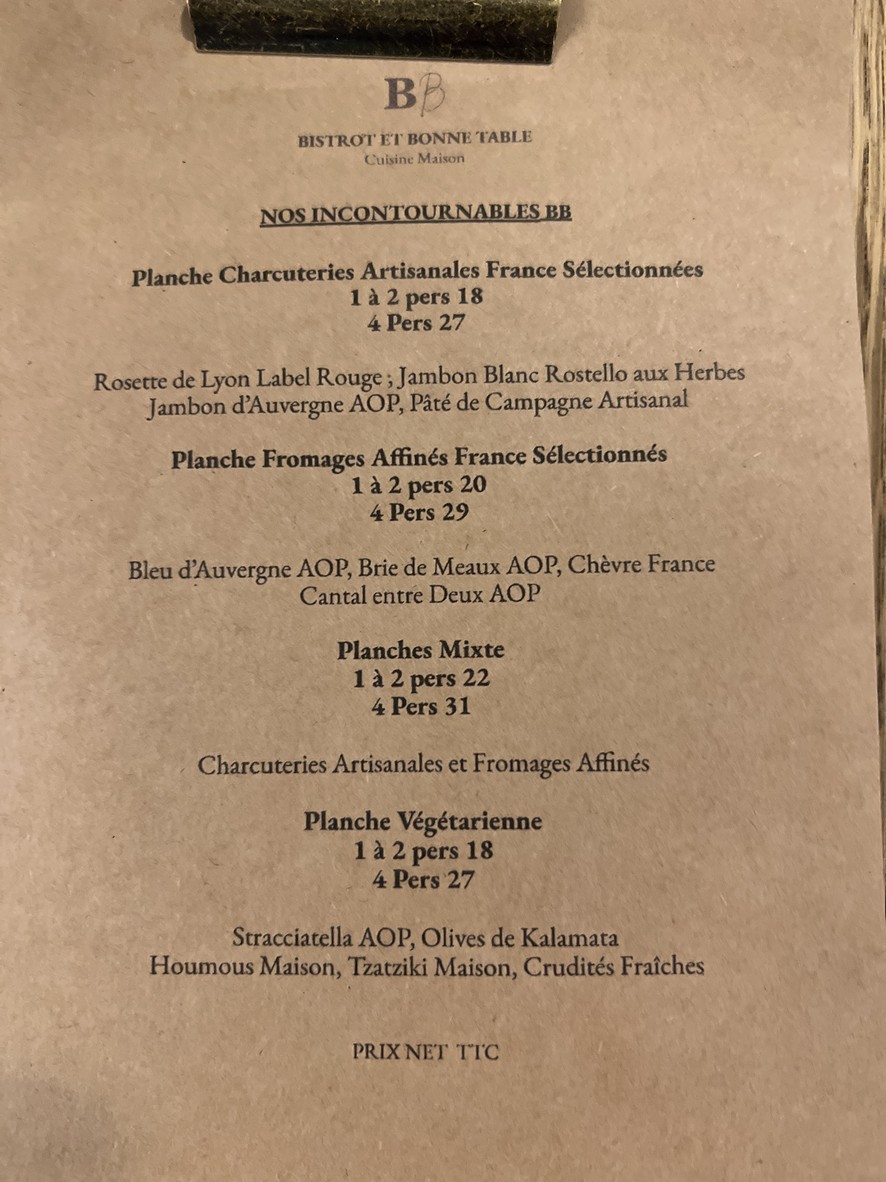 Bistro et Bonne Table menu 1