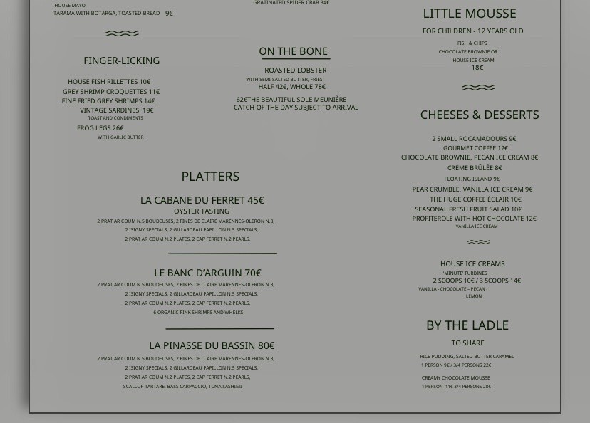 Janette - Bar de la mer menu 1