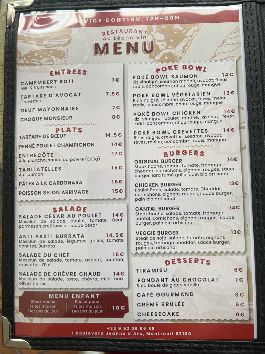 Au Lèche Vins menu 1