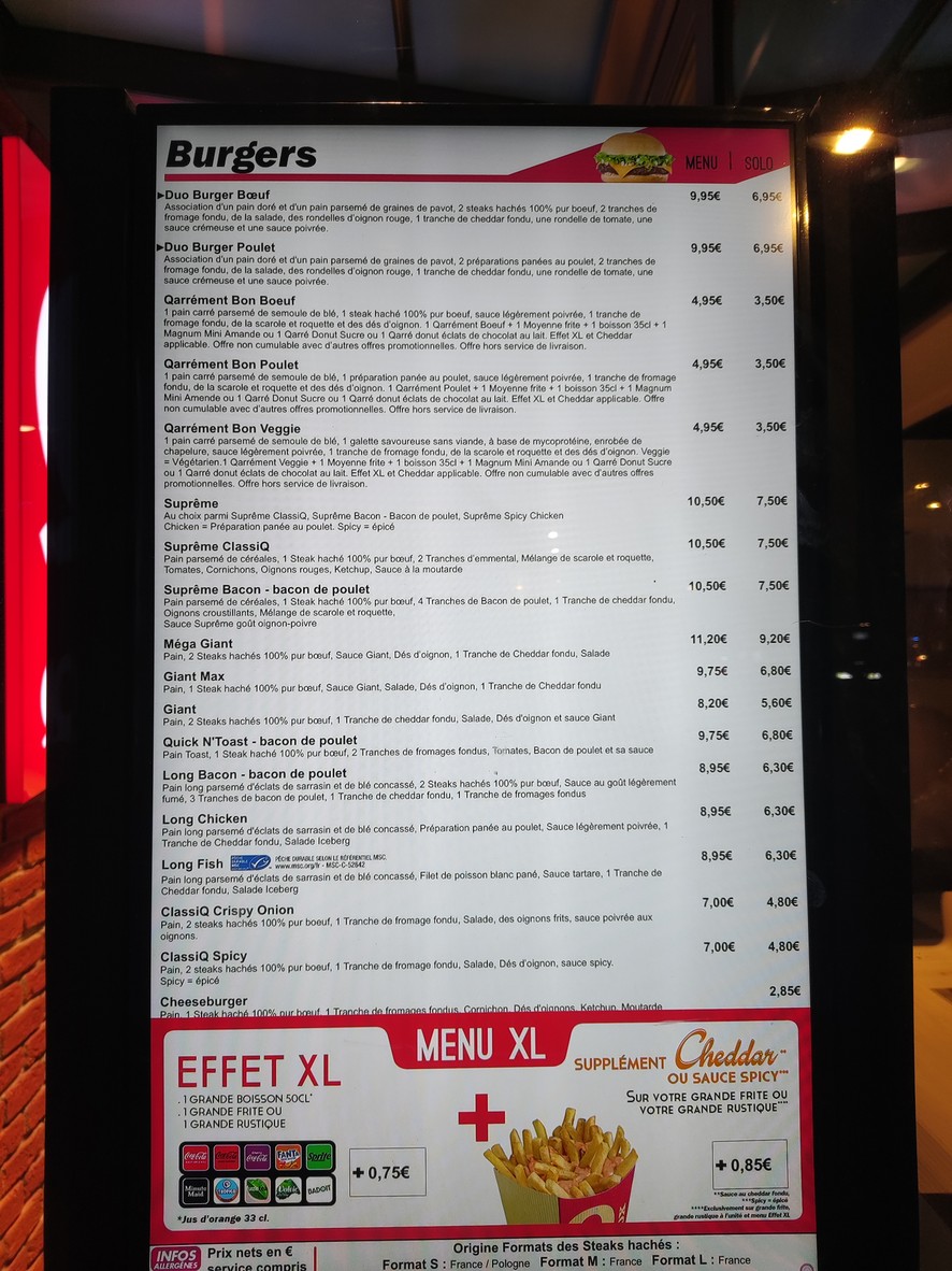 Quick Boulogne Marcel Sembat menu 1