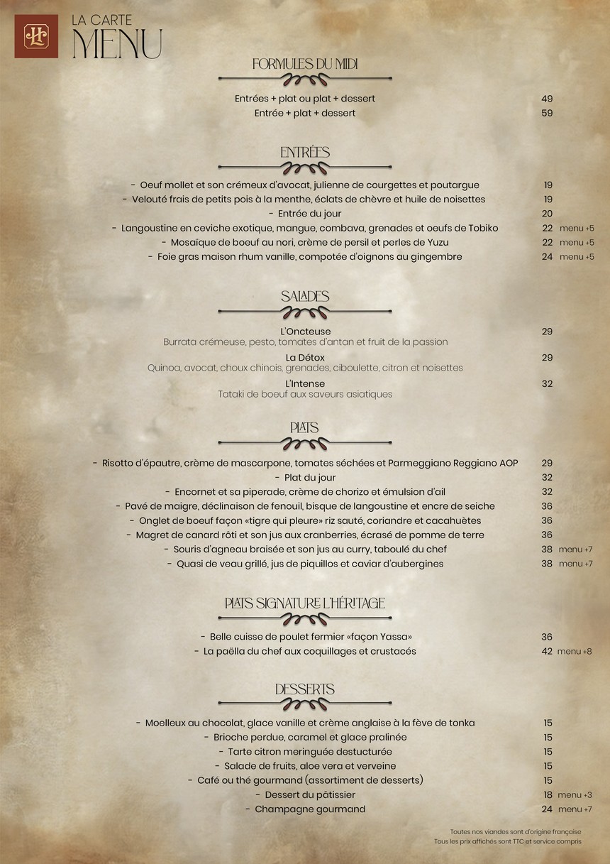 L'Héritage 105 menu 1