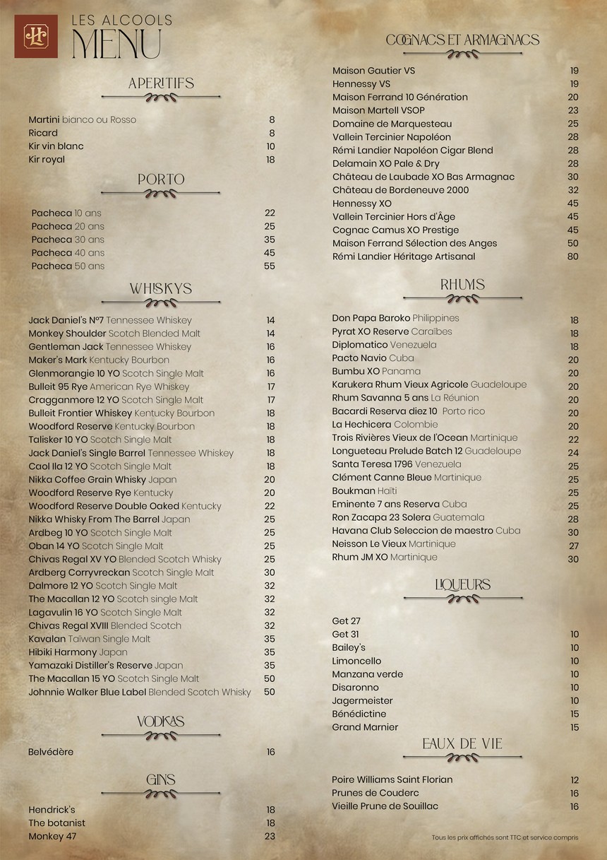 L'Héritage 105 menu 2