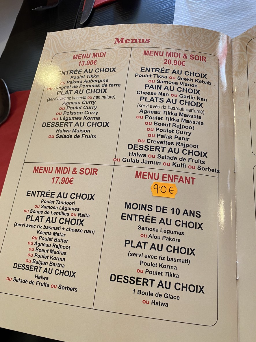 RANA Restaurant Indien menu 1