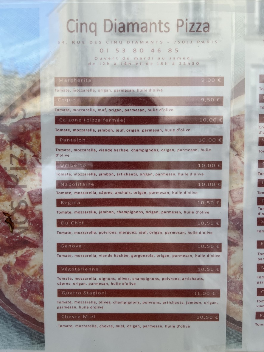 Pizza Cinq Diamants menu 1