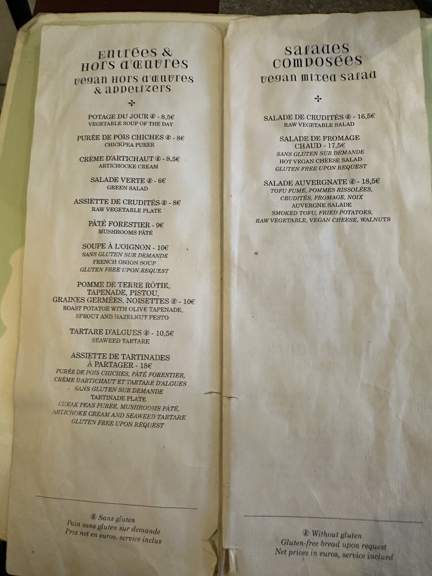 Le Potager du Marais menu 1