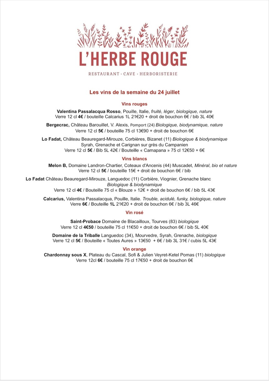 L'Herbe Rouge - Cave à vins vivants - Restaurant - Herboristerie - Epicerie menu 2