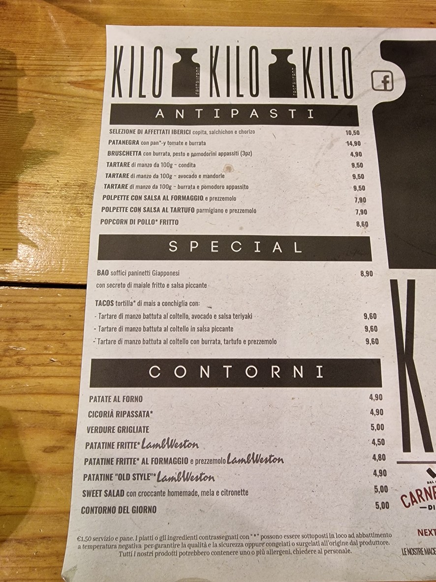 Kilo Restaurant - senza glutine menu 1