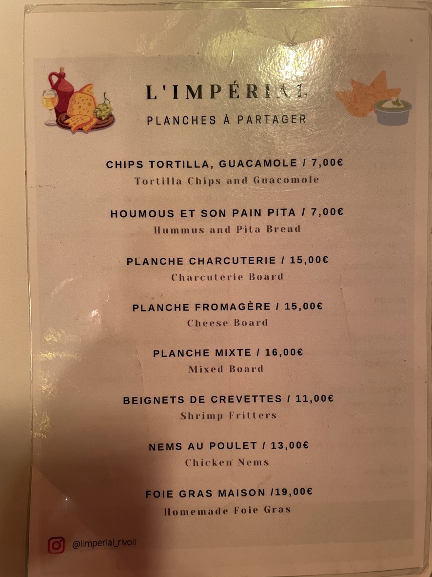 L'Impérial Rivoli menu 1