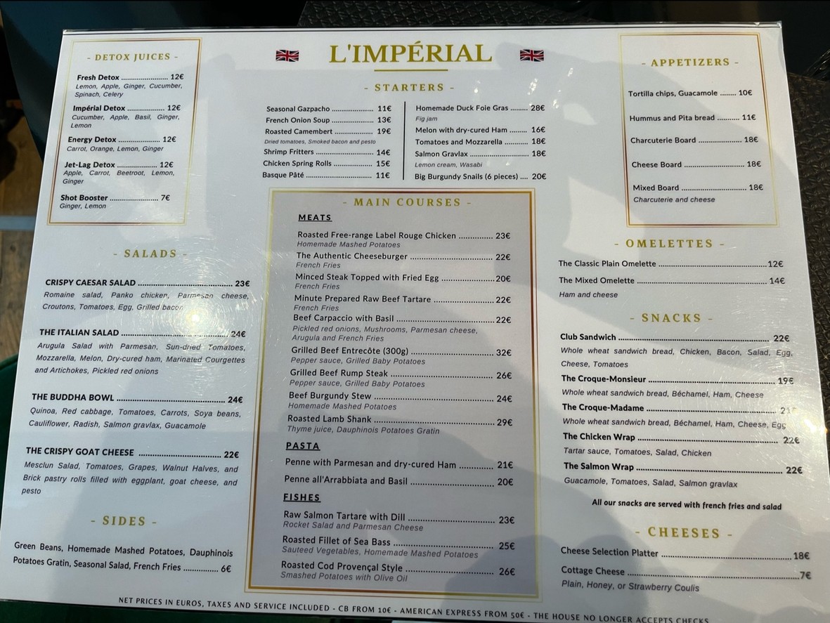 L'Impérial Rivoli menu 2