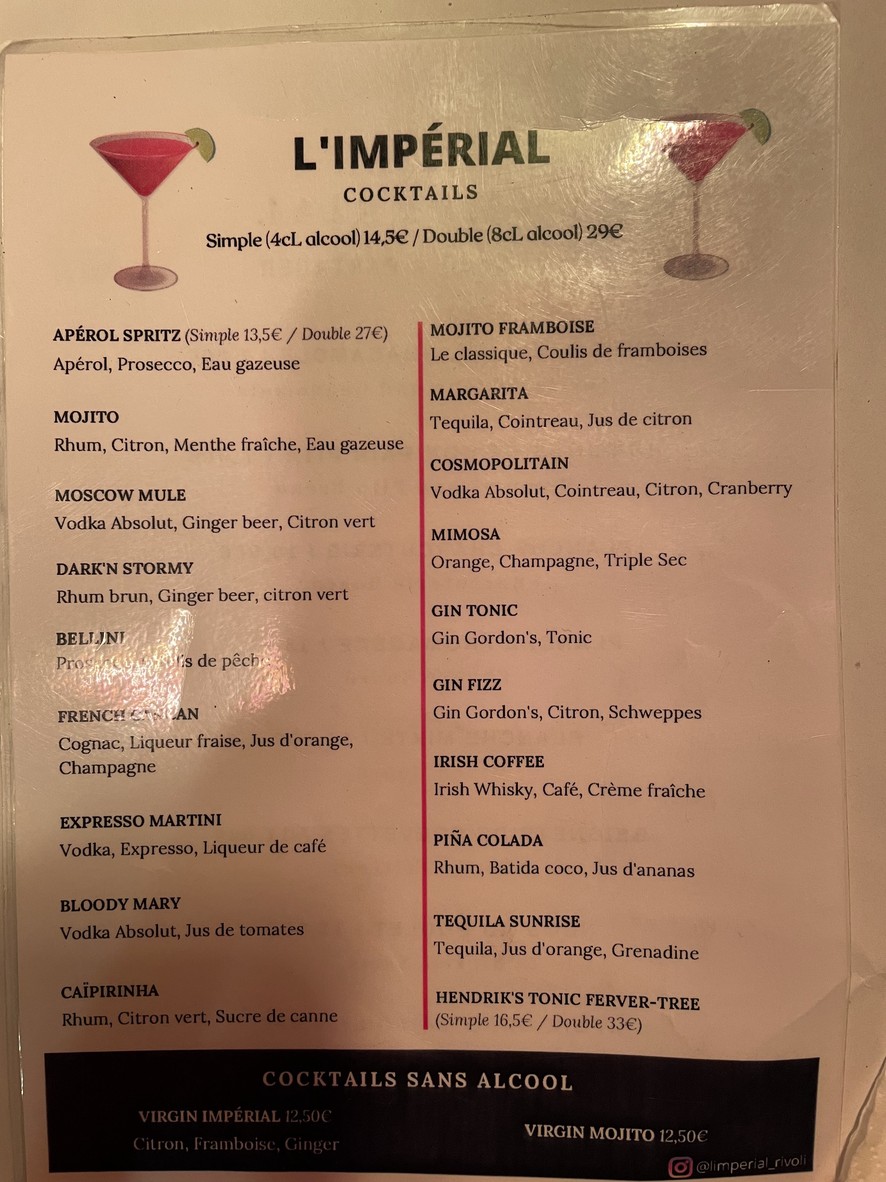 L'Impérial Rivoli menu 4