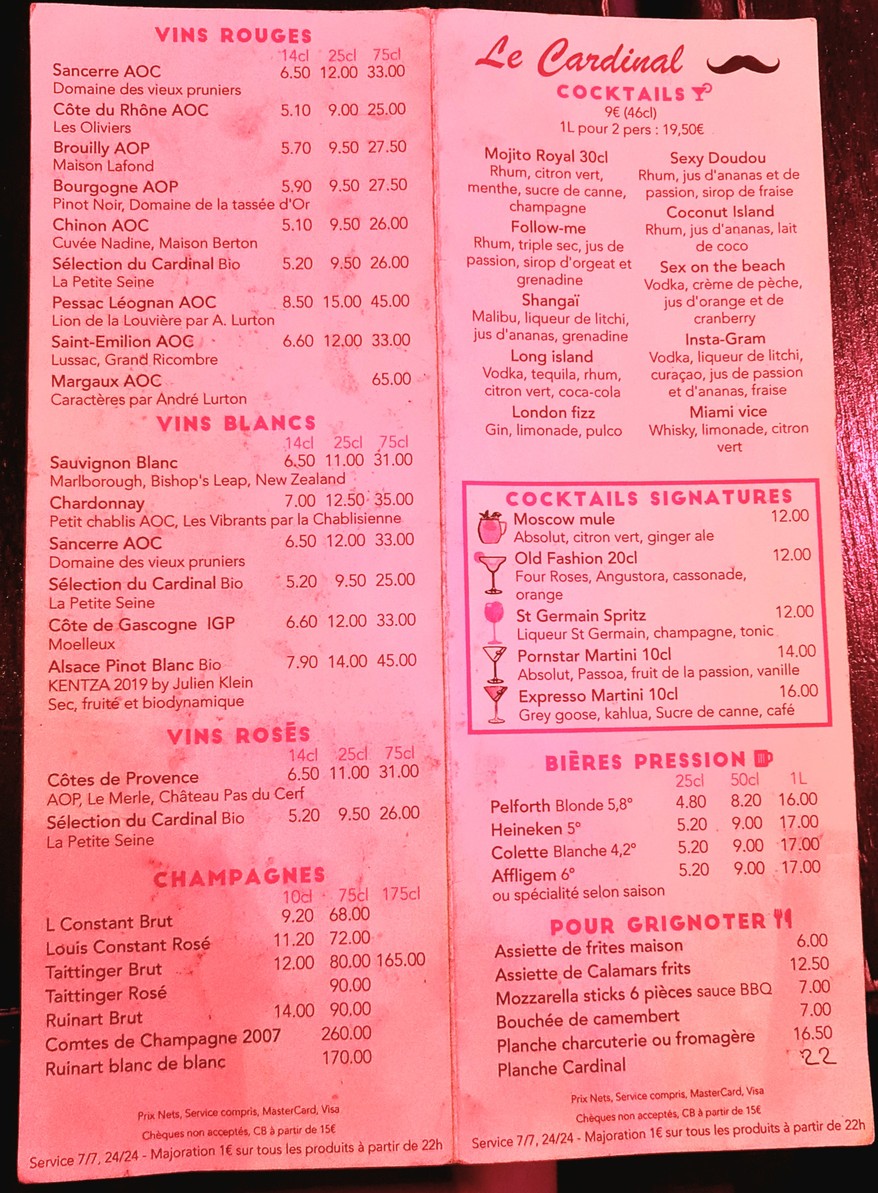 Le Cardinal menu 1