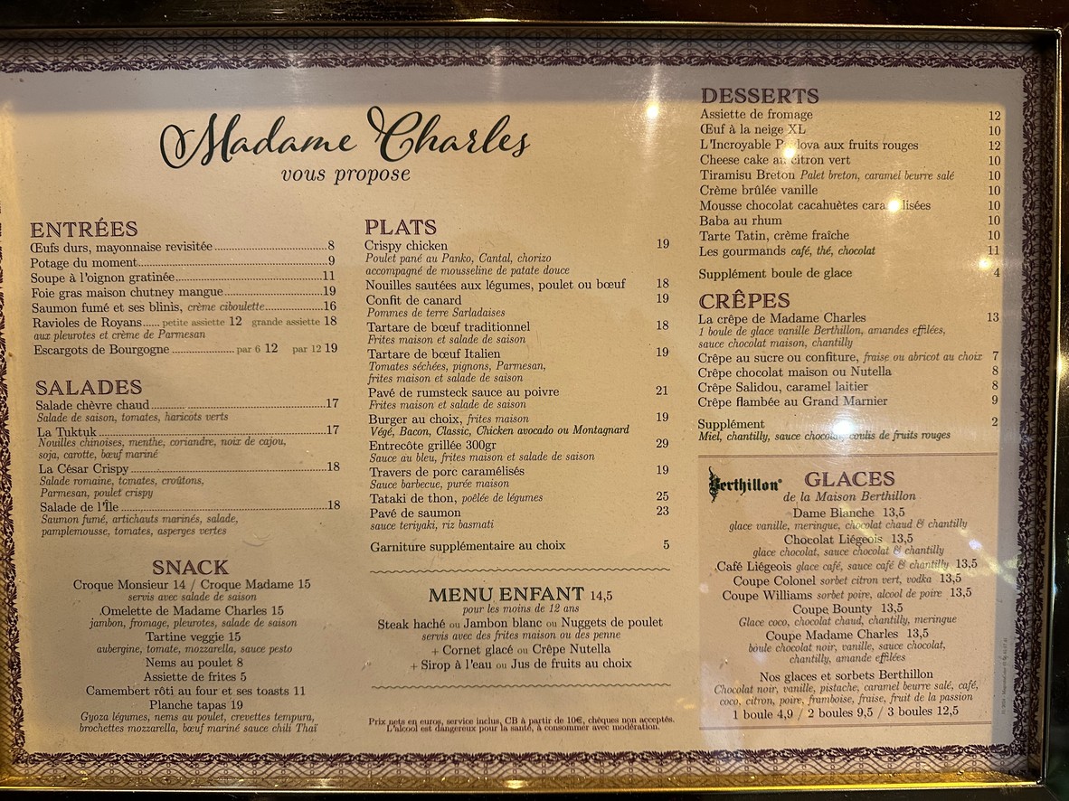 Madame Charles menu 1