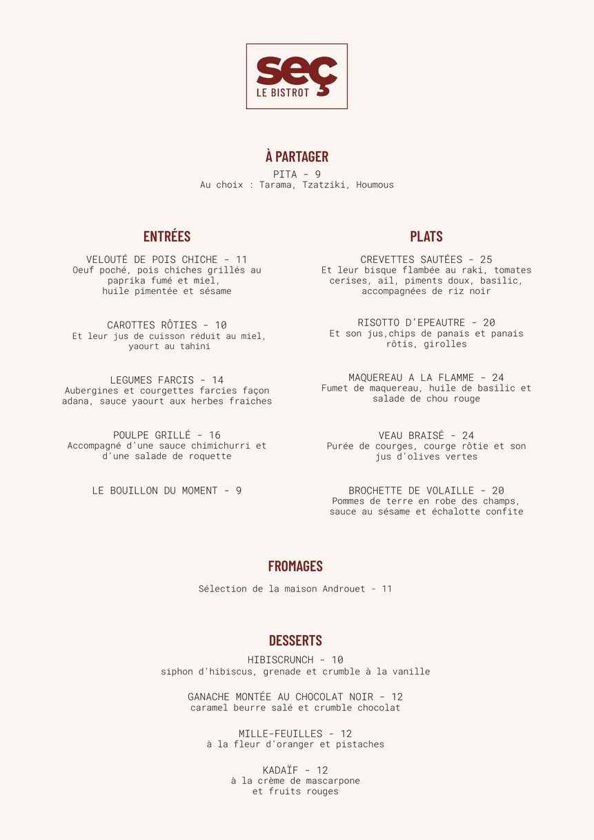 Seç - le Bistrot menu 1