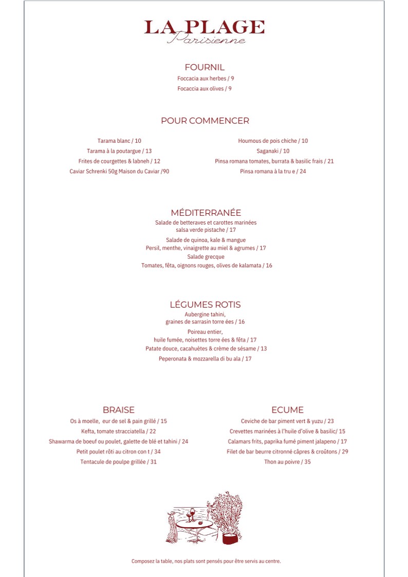 La Plage Parisienne menu 1