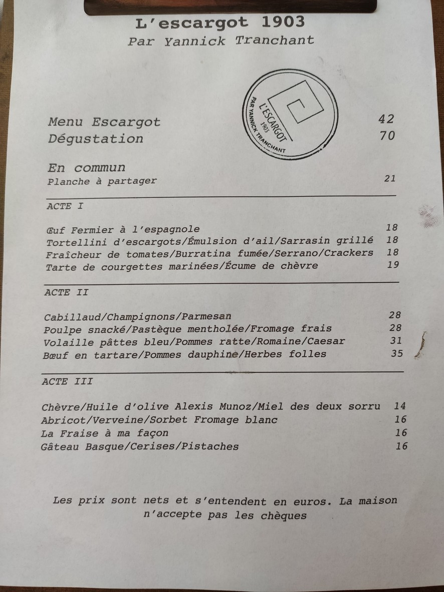 L'Escargot 1903 menu 2