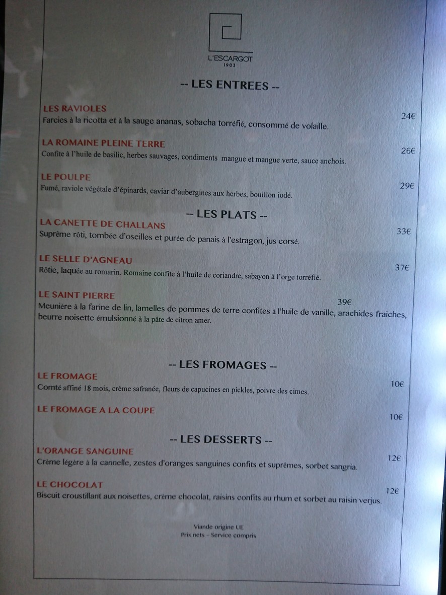 L'Escargot 1903 menu 3