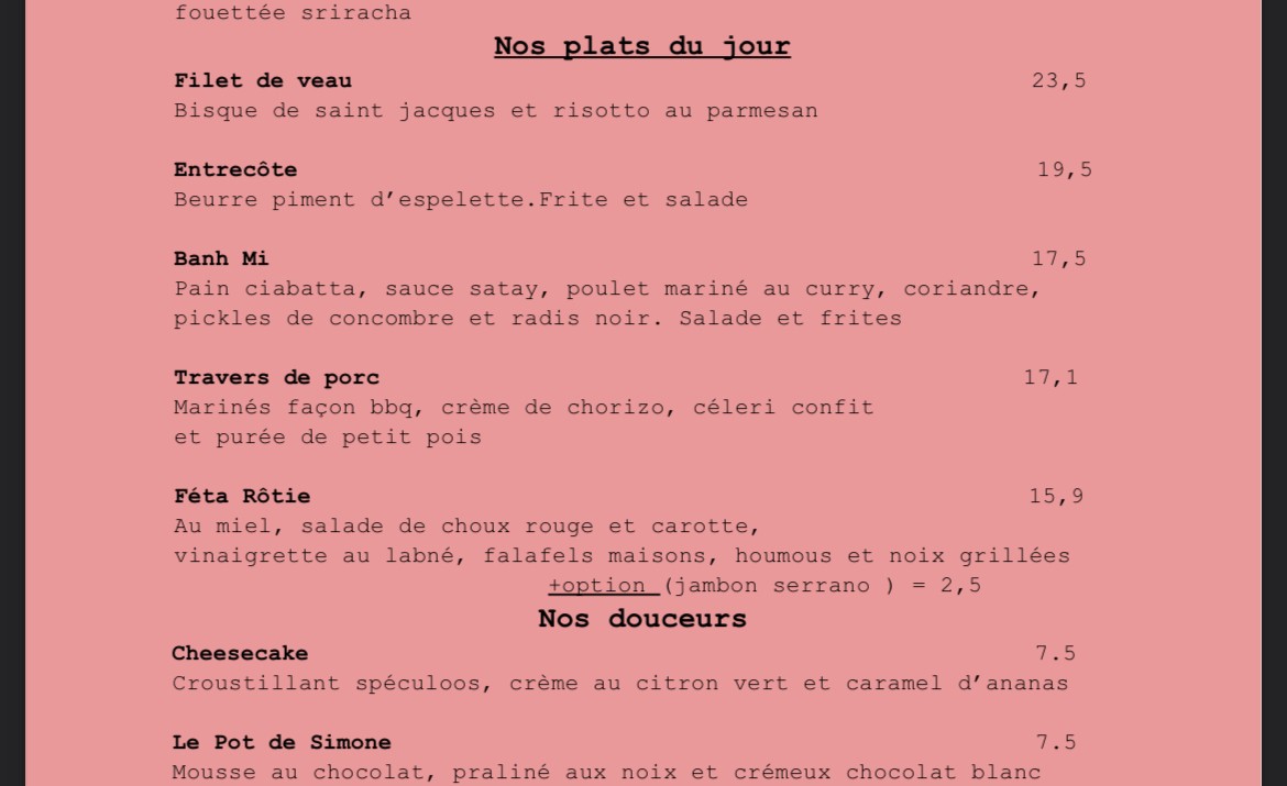 Simone de Montrouge menu 1