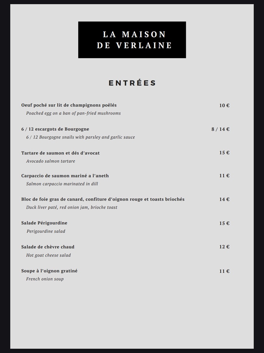 La Maison de Verlaine menu 1