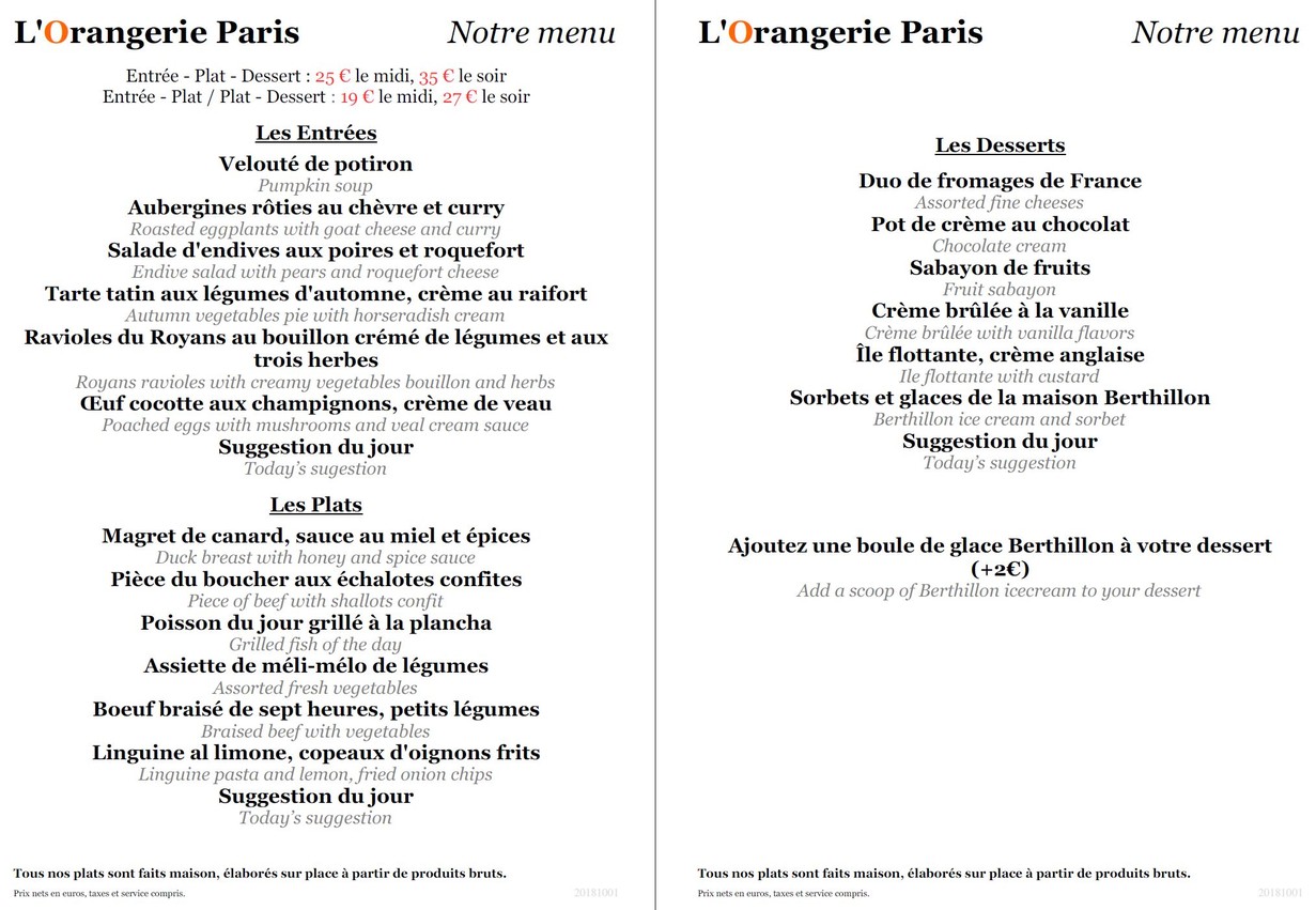 L'Orangerie Paris menu 1