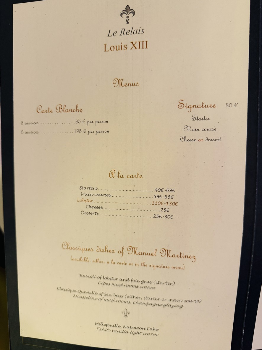 Relais Louis XIII menu 1