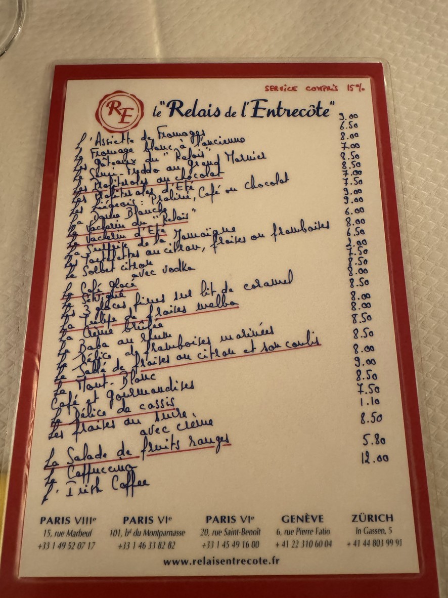 Relais de l’Entrecôte menu 2