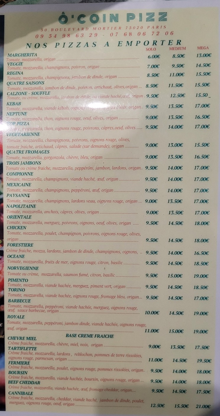 Ô' Coin Pizz menu 2