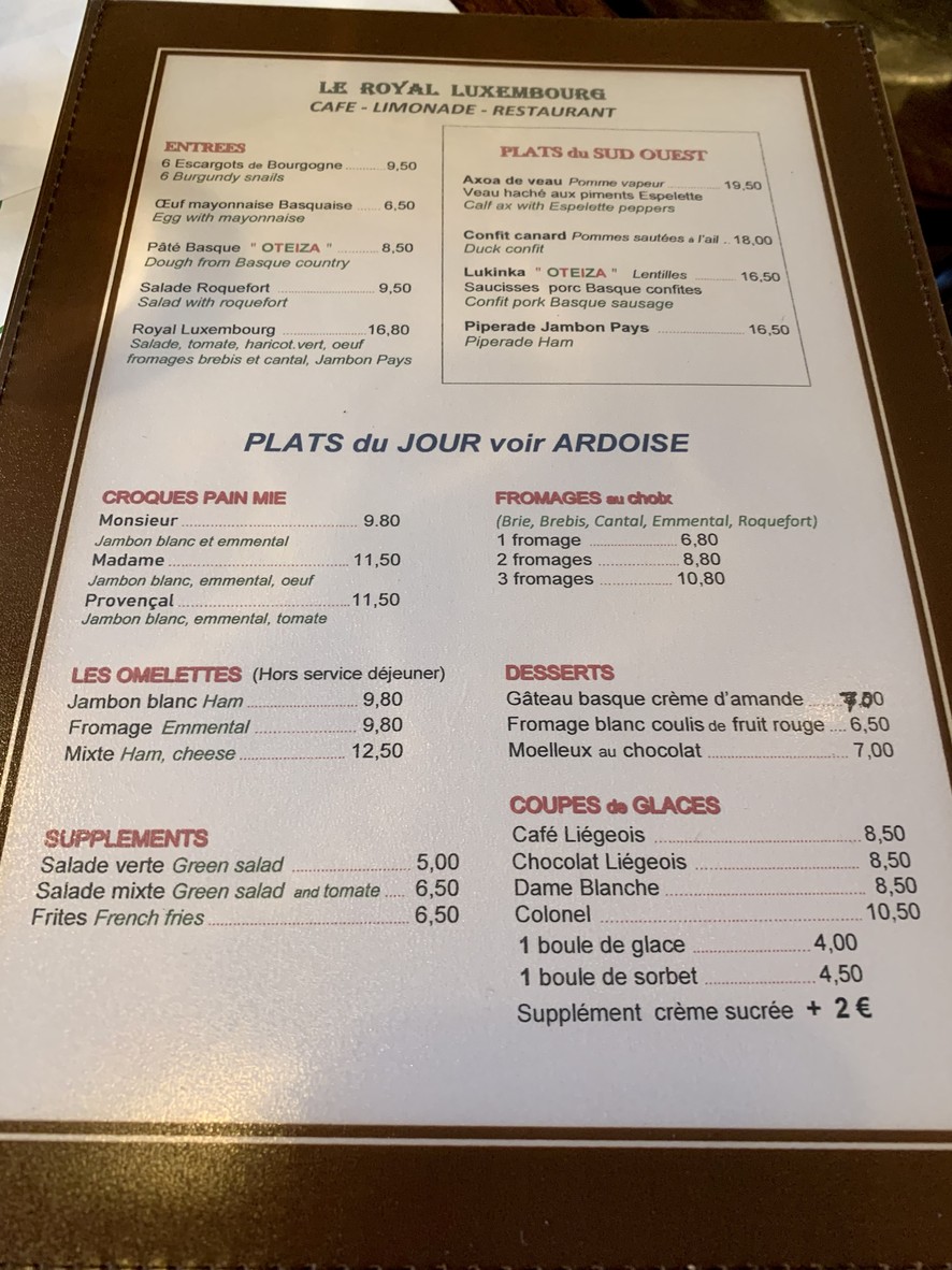 Royal Luxembourg menu 1