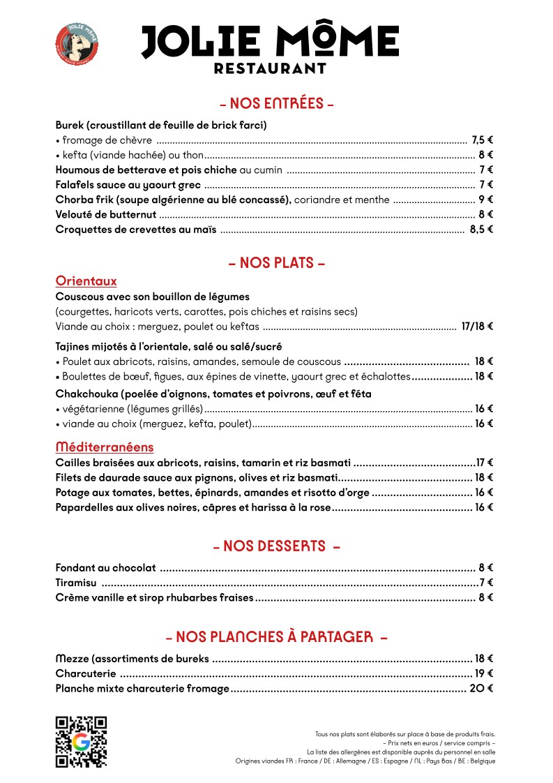 Restaurant Jolie Môme menu 1